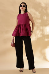 MABA Silk x Cotton Hot Pink Peplum Top with flared opening and pleats ( Made with upcycled Saree fabric )