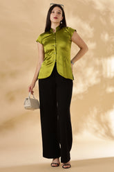 100% Silk Satin Green Cheongsam style top ( Upcycled Saree Fabric )