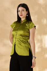 100% Silk Satin Green Cheongsam style top ( Upcycled Saree Fabric )