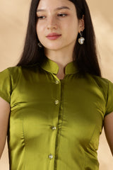 100% Silk Satin Green Cheongsam style top ( Upcycled Saree Fabric )