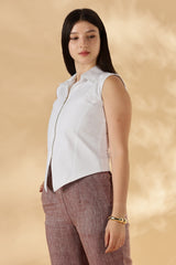 White collared formal Cotton zipper sleeveless vest