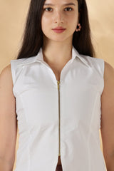 White collared formal Cotton zipper sleeveless vest