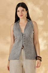 Handwoven Linen Grey collared Waist Coat with Pads
