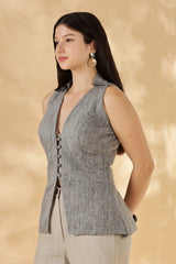 Handwoven Linen Grey collared Waist Coat with Pads