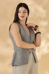 Handwoven Linen Grey collared Waist Coat with Pads