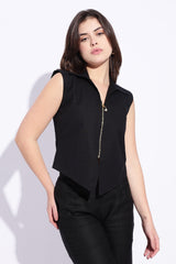 Black pure cotton collared formal zipper sleeveless vest