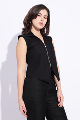 Black pure cotton collared formal zipper sleeveless vest