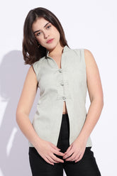 Mandarin style cotton x Linen Light Green sleeveless top