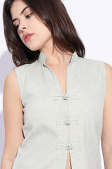 Mandarin style cotton x Linen Light Green sleeveless top