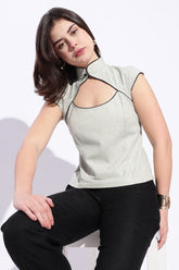 Mandarin style fitted cotton x Linen Light Green top