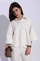 Pure Cotton Canvas White Loose fit Polo with 3/4th bell Sleeves