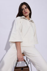 Pure Cotton Canvas White Loose fit Polo with 3/4th bell Sleeves