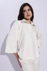 Pure Cotton Canvas White Loose fit Polo with 3/4th bell Sleeves