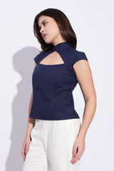 Mandarin style fitted cotton x Linen Indigo Blue top