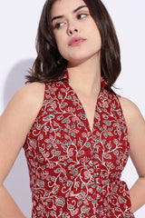 Maroon floral block print Collared Waist coat top