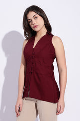 Maroon pure cotton collared waist coat top