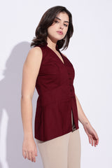 Maroon pure cotton collared waist coat top