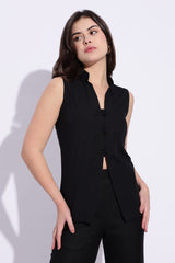 Mandarin style cotton black sleeveless top