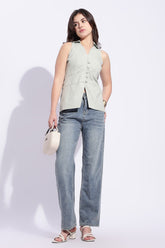 Light Green cotton x linen collared waist coat top