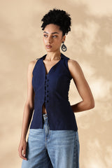 Handloom Blue Cotton Collared Waist Coat