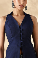 Handloom Blue Cotton Collared Waist Coat