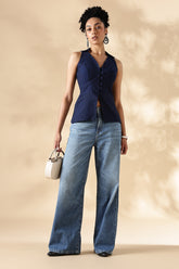 Handloom Blue Cotton Collared Waist Coat