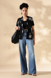 Black Hand block print Oversized Cuban Shirt: