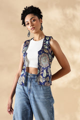Chanderi Hand kalamkari blue coverup Vests
