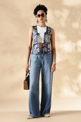 Chanderi Hand kalamkari blue coverup Vests