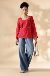 Handwoven Red heart Jamdani fitted short top with bell sleeves