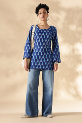 Handwoven Blue Ikkat fitted short Kurti with bell sleeves