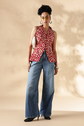 Red Hand block print Collared Waist coat