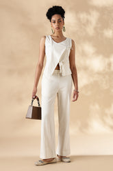 White Stretch khadi style wide legged trousers
