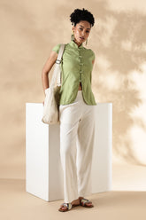 Green Stretch khadi Mandarin style top