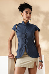 Blue Stretch khadi Mandarin style top