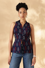 Blue and Red Block print Cotton Collared Waist Coat