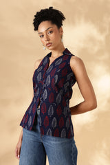 Blue and Red Block print Cotton Collared Waist Coat
