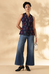 Blue and Red Block print Cotton Collared Waist Coat