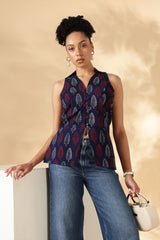 Blue and Red Block print Cotton Collared Waist Coat