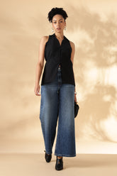 Handloom Black Cotton Collared Waist Coat