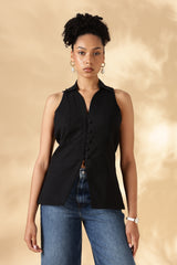 Handloom Black Cotton Collared Waist Coat