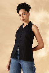 Handloom Black Cotton Collared Waist Coat