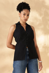 Handloom Black Cotton Collared Waist Coat
