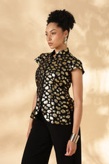 Black & Gold 100% Silk Jacquard Georgette Cheongsam style top ( Upcycled Saree Fabric )