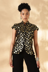 Black & Gold 100% Silk Jacquard Georgette Cheongsam style top ( Upcycled Saree Fabric )