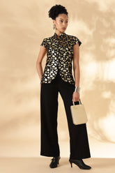 Black & Gold 100% Silk Jacquard Georgette Cheongsam style top ( Upcycled Saree Fabric )