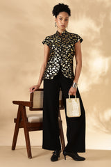 Black & Gold 100% Silk Jacquard Georgette Cheongsam style top ( Upcycled Saree Fabric )