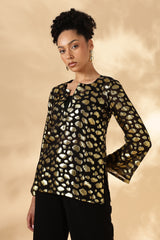 Sheer Black and gold Silk Jacquard Tunic with Bell sleeves ( Made with upcycled Saree fabric )