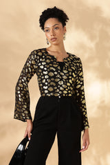 Sheer Black and gold Silk Jacquard Tunic with Bell sleeves ( Made with upcycled Saree fabric )