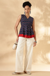 Red and Blue Block Print Cotton Layered top with fitting straps